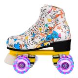  Trẻ em người lớn Giày trượt con lăn Graffiti Giày trượt patin hàng đôi Giày trượt patin bốn bánh, Kích thước: 40 (Flash Wheel Black) 