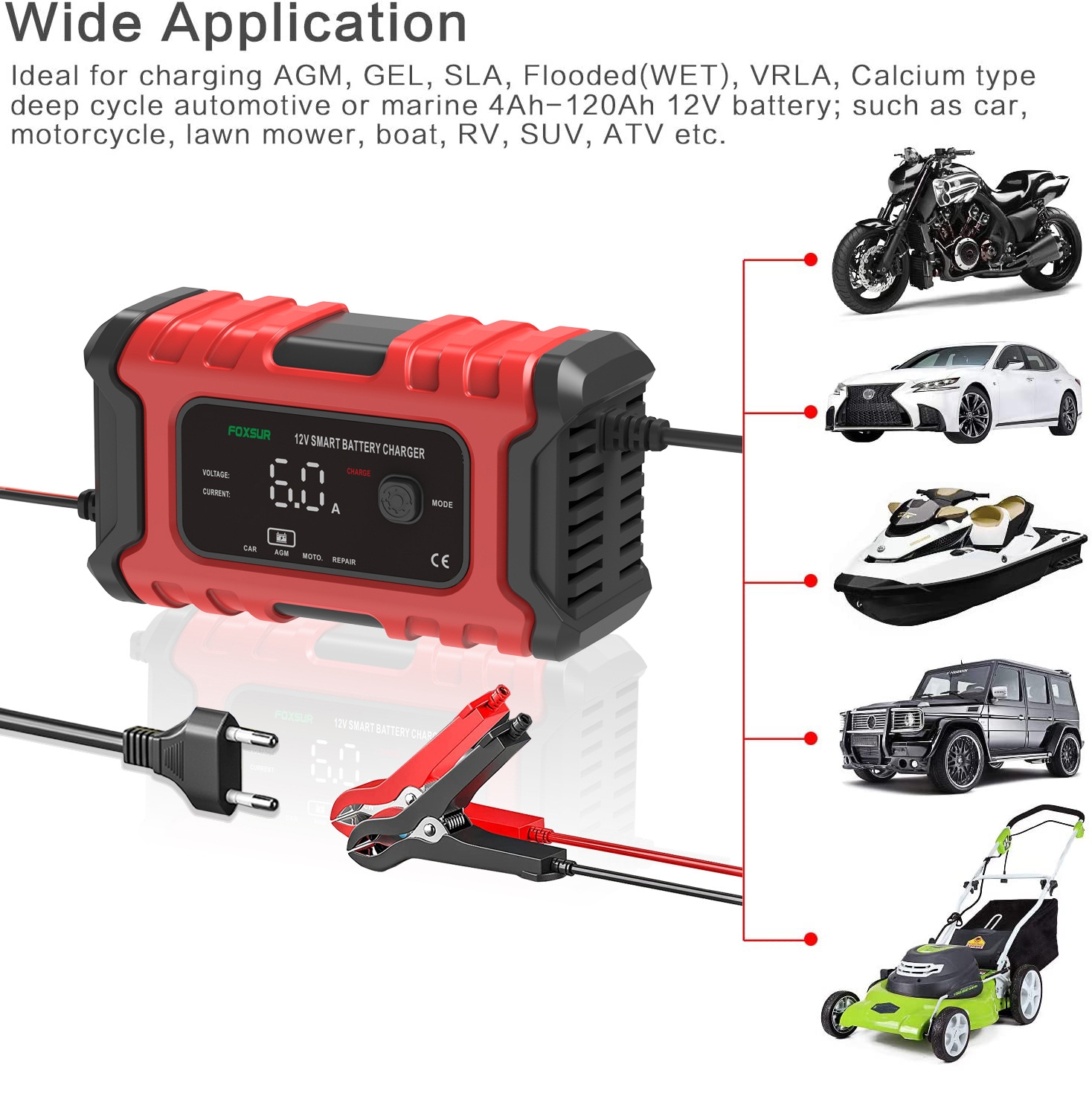 Cargador de Batería FOXSUR 6A 12V: ¡La Solución Inteligente para tu Vehículo! - CARGADOR DE BATERIA