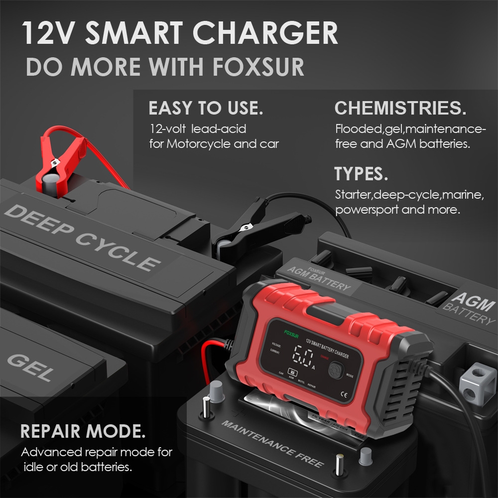 Cargador de Batería FOXSUR 6A 12V: ¡La Solución Inteligente para tu Vehículo! - CARGADOR DE BATERIA
