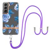  Dành cho Samsung Galaxy S23 5G Dòng Hoa và Thực vật Ốp điện thoại IMD TPU có dây buộc (Hoa hồng xanh) 