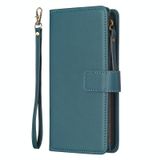  Đối với iPhone 15 Pro Max 9 khe cắm thẻ Zipper Wallet Leather Flip Phone Case (Màu xanh lá cây) 