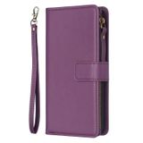  Dành cho iPhone 15 Pro 9 Khe cắm thẻ Zipper Wallet Leather Flip Phone Case (Màu tím đậm) 