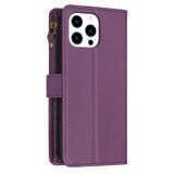  Dành cho iPhone 15 Pro 9 Khe cắm thẻ Zipper Wallet Leather Flip Phone Case (Màu tím đậm) 