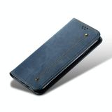  Dành cho iPhone 15 Plus Kết cấu denim Phong cách giản dị Bao da lật ngang (Màu xanh da trời) 