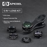  Apexel APL-DG5 5 trong 1 Ống kính macro 15x phổ quát + Ống kính góc rộng 0,63x + Ống kính Fisheye 198 độ + Ống kính tele 2X + Ống kính CPL, Đối với iPhone, Samsung, Huawei, Xiaomi, HTC và các điện thoại thông minh khác, máy ảnh kỹ thuật số siêu mỏng 