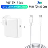  2 trong 1 PD 30W USB-C / Type-C + 3A PD 3.0 USB-C / Type-C to USB-C / Type-C Bộ cáp dữ liệu sạc nhanh, Chiều dài cáp: 2m, Đầu cắm của Vương quốc Anh 