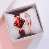  2 BỘ Đồng hồ thạch anh mặt kim cương dành cho nữ, Màu sắc: Đỏ + Vòng đeo tay 