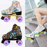  Trẻ em người lớn Giày trượt patin Graffiti Giày trượt patin hai hàng bốn bánh Giày trượt patin, Kích thước: 35 (Flash Wheel Black) 