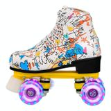  Trẻ em Người lớn Giày trượt patin Graffiti Giày trượt patin hàng đôi Giày trượt patin bốn bánh, Kích thước: 42 (Flash Wheel White) 