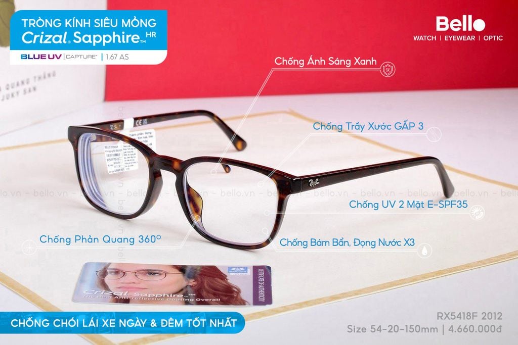  Tròng Kính Chống Chói Lái Xe Siêu Mỏng Essilor Crizal Sapphire HR 1.67 