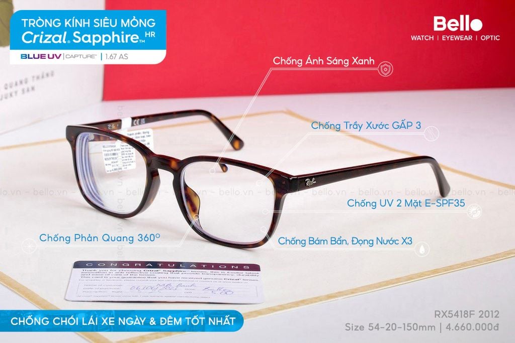  Tròng Kính Chống Chói Lái Xe Siêu Mỏng Essilor Crizal Sapphire HR 1.67 