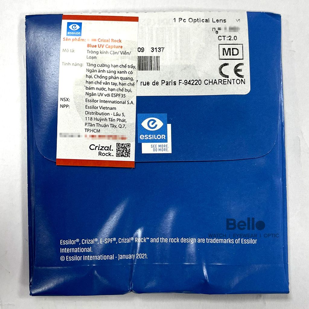  Tròng Kính Chống Ánh Sáng Xanh Essilor Crizal Rock BlueUV Capture 