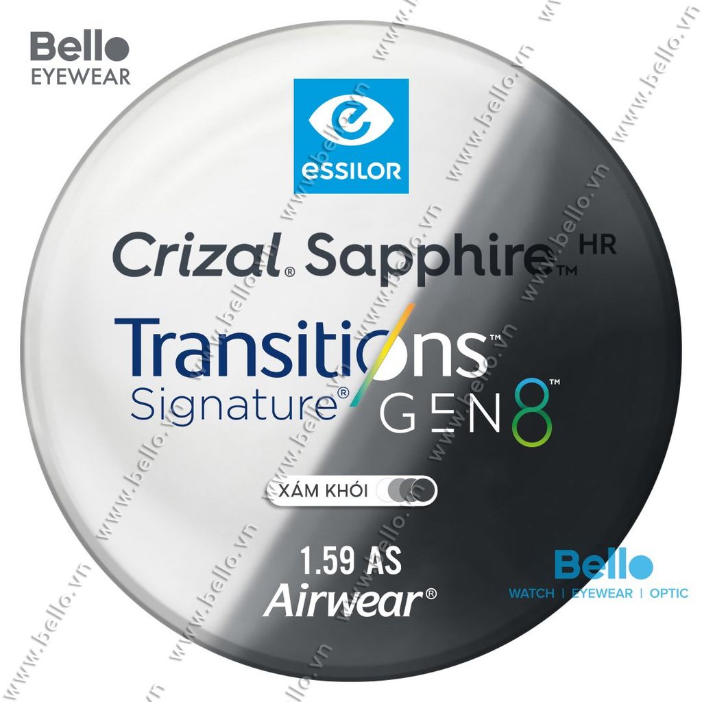  Tròng Kính Đổi Màu Chống Vỡ Essilor Transitions Gen 8 Xám Khói Grey 