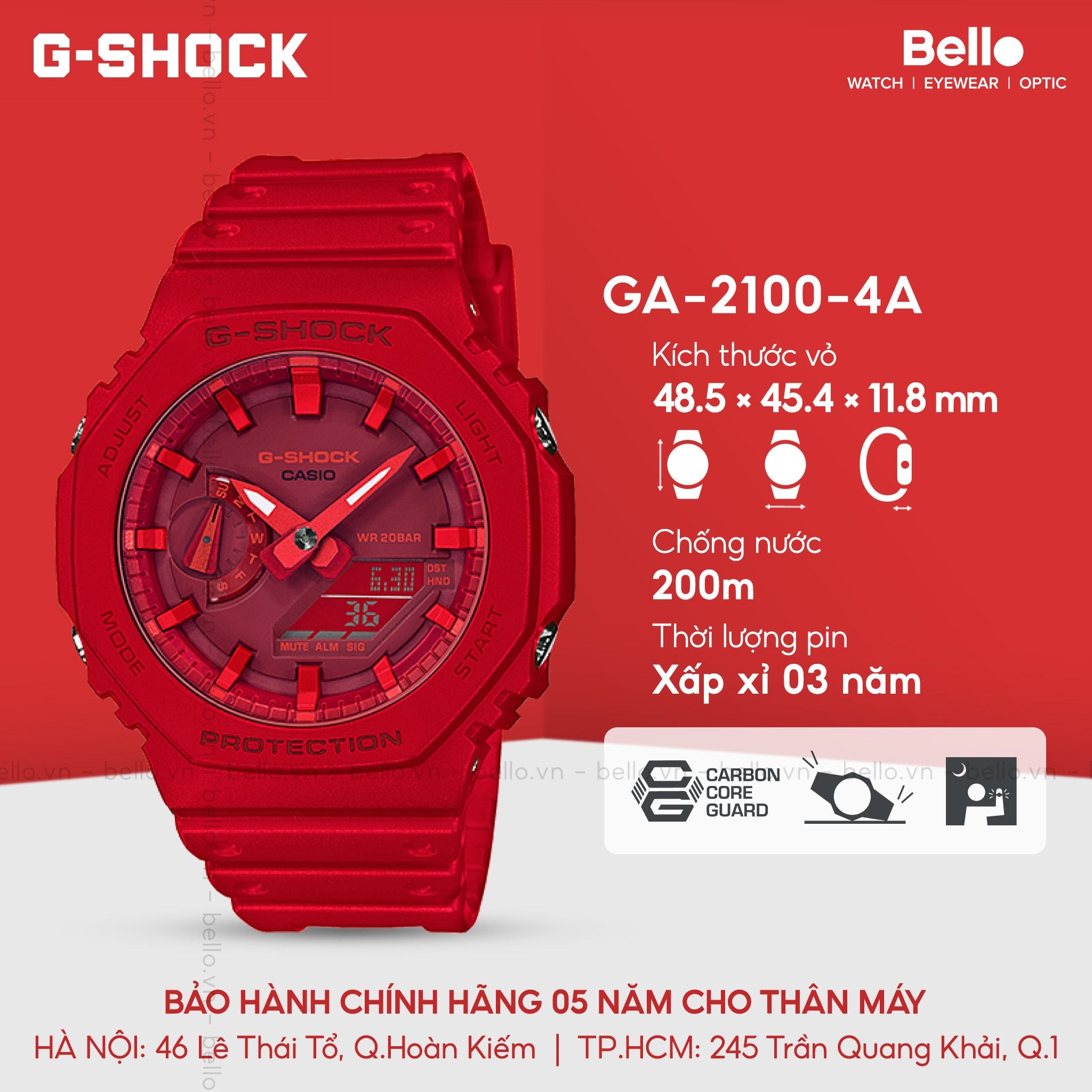Casio G-Shock GA-2100-4A Uy tín từ 2009, Tem vàng chống giả, Bảo hành  năm, Pin miễn phí trọn đời