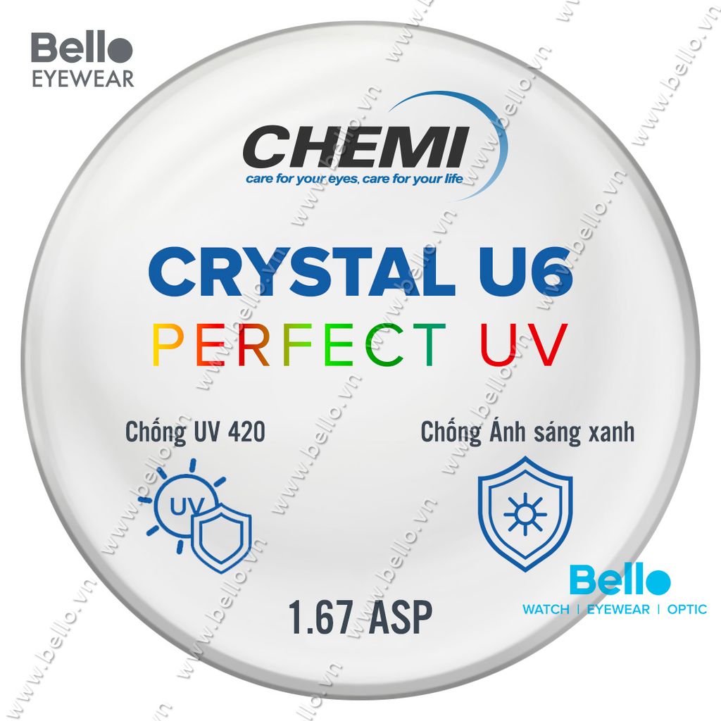  Tròng Kính Chống Ánh Sáng Xanh Chemi Crystal U6 Perfect UV 