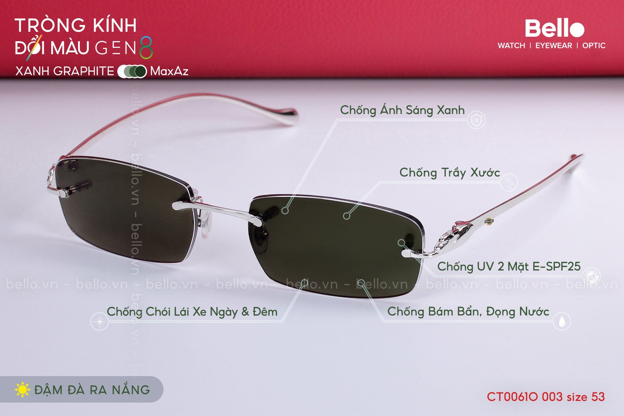Gọng kính Cartier CT0061O 003 lắp cận đổi màu gen 8 xanh graphite trong suốt trong nhà đậm đà ra nắng