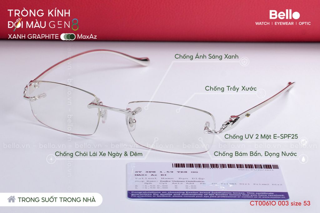  Tròng Kính Đổi Màu Chống Vỡ Essilor Transitions Gen 8 Xanh Lá Graphite 