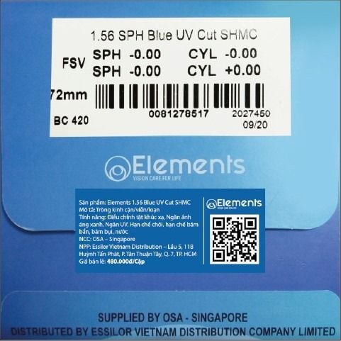  Tròng Kính Chống Ánh Sáng Xanh Elements Blue UV Cut 1.56 SPH 