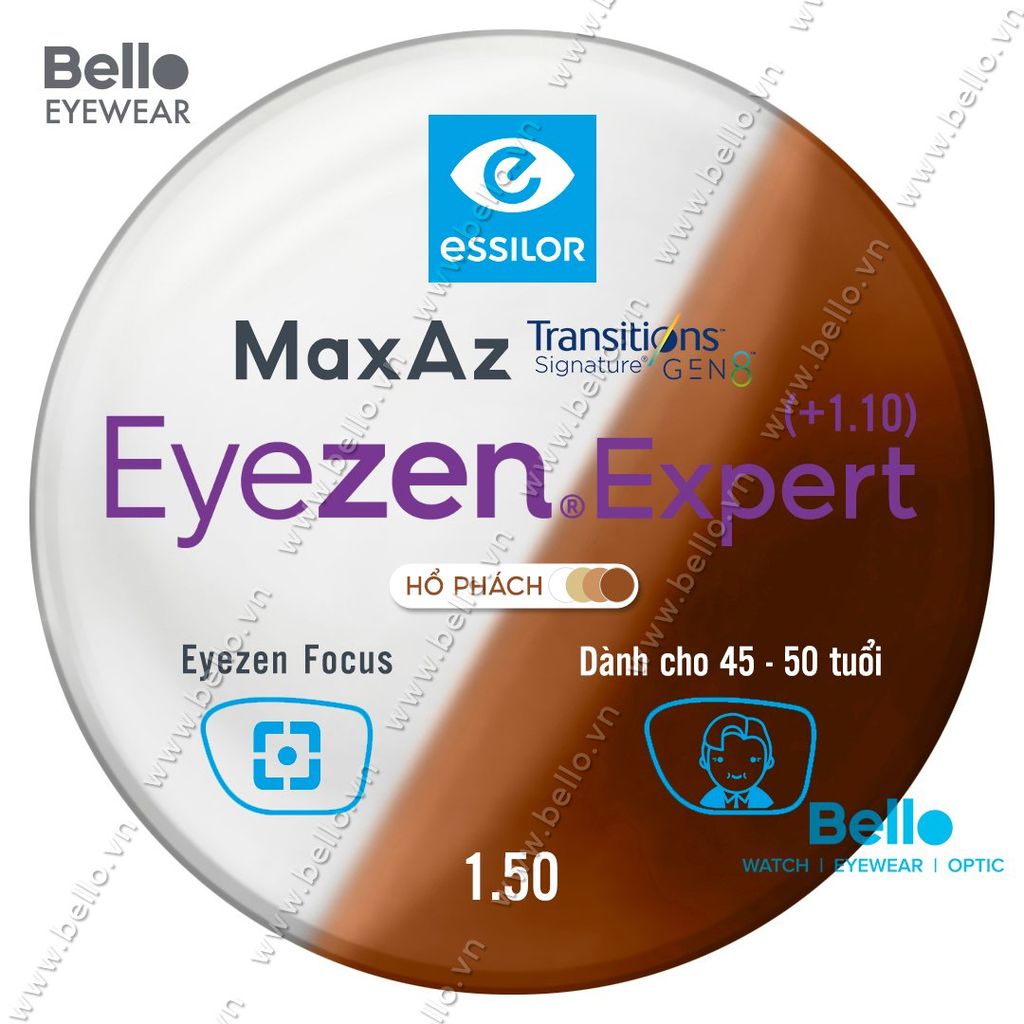  Tròng Kính Chống Mỏi Đổi Màu Essilor Eyezen Expert Gen 8 Hổ Phách cho người 45 đến 50 tuổi 