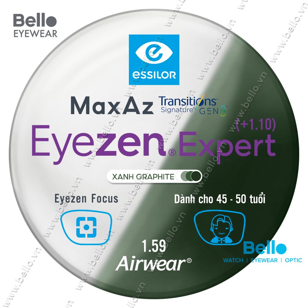  Tròng Kính Chống Mỏi Đổi Màu Essilor Eyezen Expert Gen 8 Xanh Lá cho người 45 đến 50 tuổi 