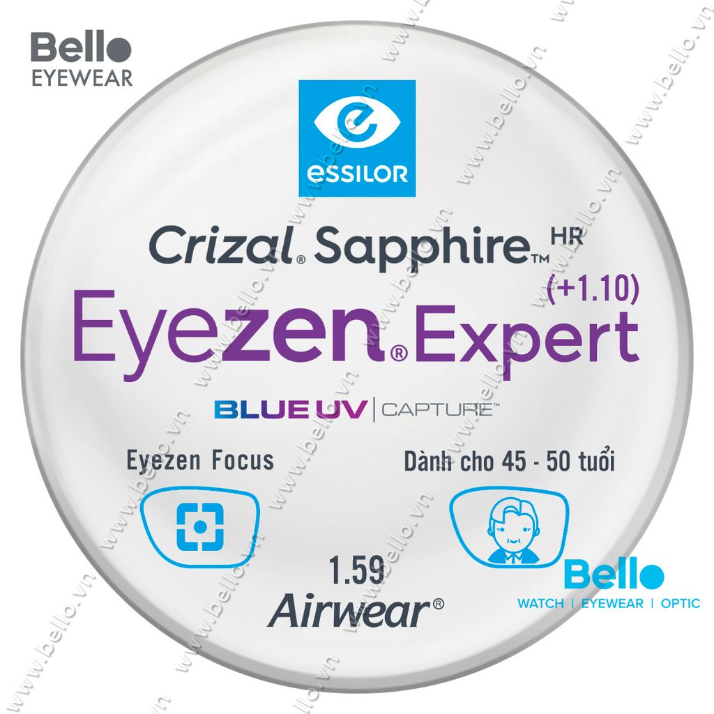  Tròng Kính Chống Mỏi Essilor Eyezen Expert (+1.1) BlueUV Capture cho người 45 đến 50 tuổi 