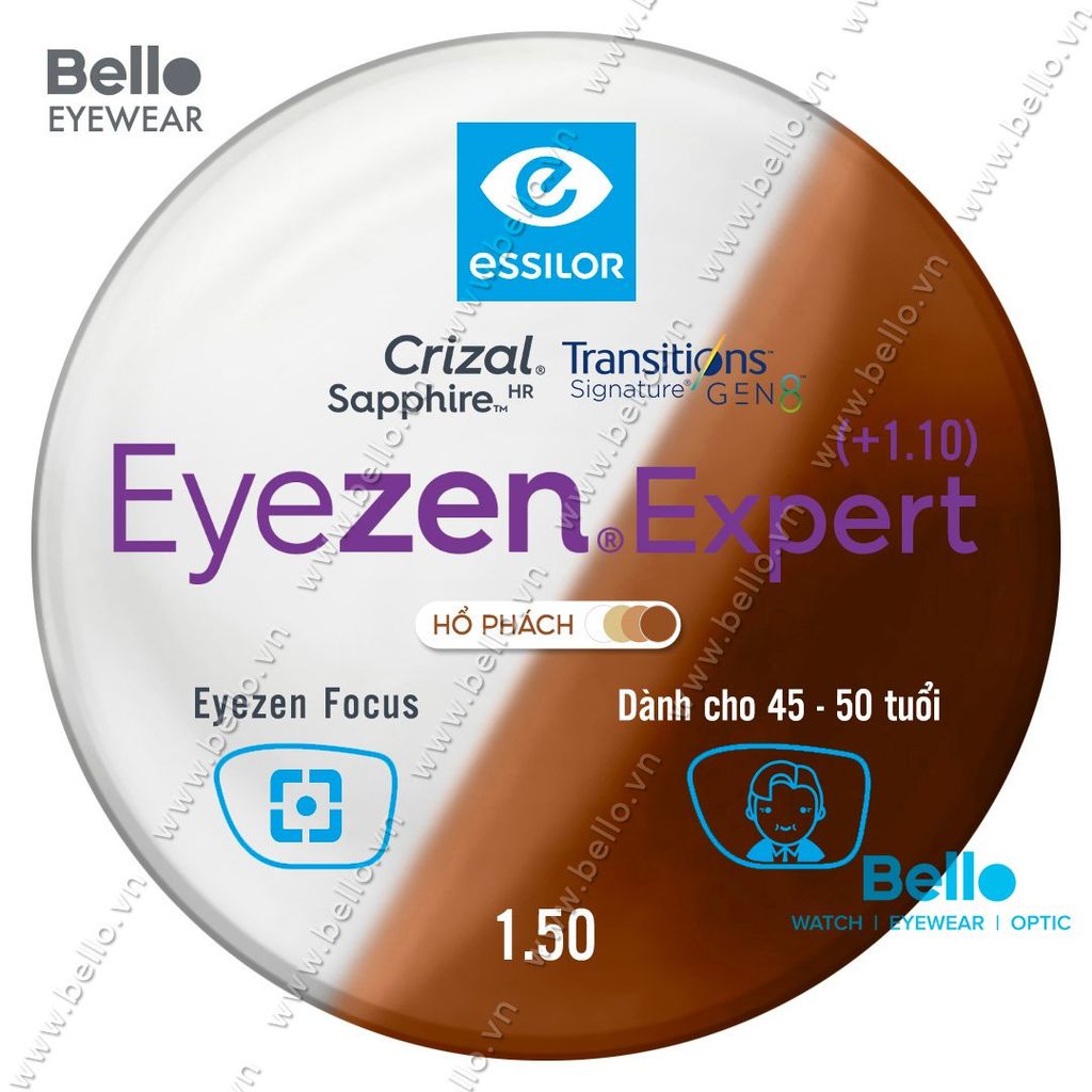  Tròng Kính Chống Mỏi Đổi Màu Essilor Eyezen Expert Gen 8 Hổ Phách cho người 45 đến 50 tuổi 