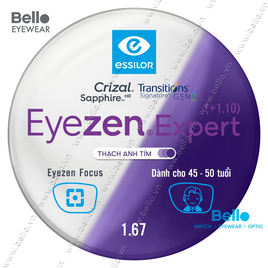  Tròng Kính Chống Mỏi Đổi Màu Essilor Eyezen Expert Gen 8 Thạch Anh Tím cho người 45 đến 50 tuổi 