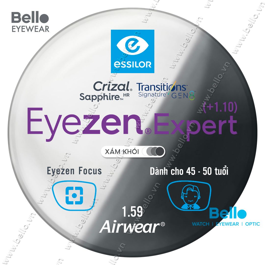  Tròng Kính Chống Mỏi Đổi Màu Essilor Eyezen Expert Gen 8 Xám Khói cho người 45 đến 50 tuổi 