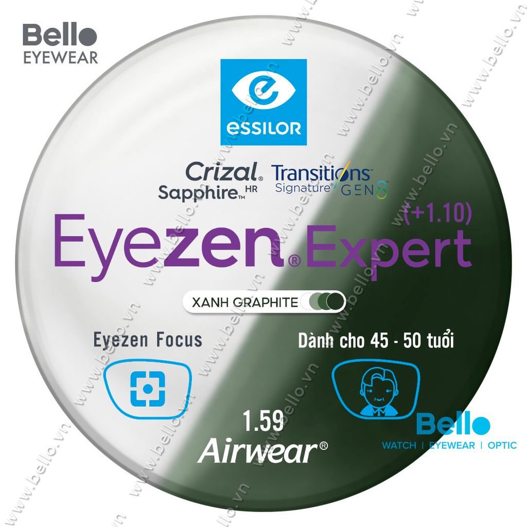  Tròng Kính Chống Mỏi Đổi Màu Essilor Eyezen Expert Gen 8 Xanh Lá cho người 45 đến 50 tuổi 