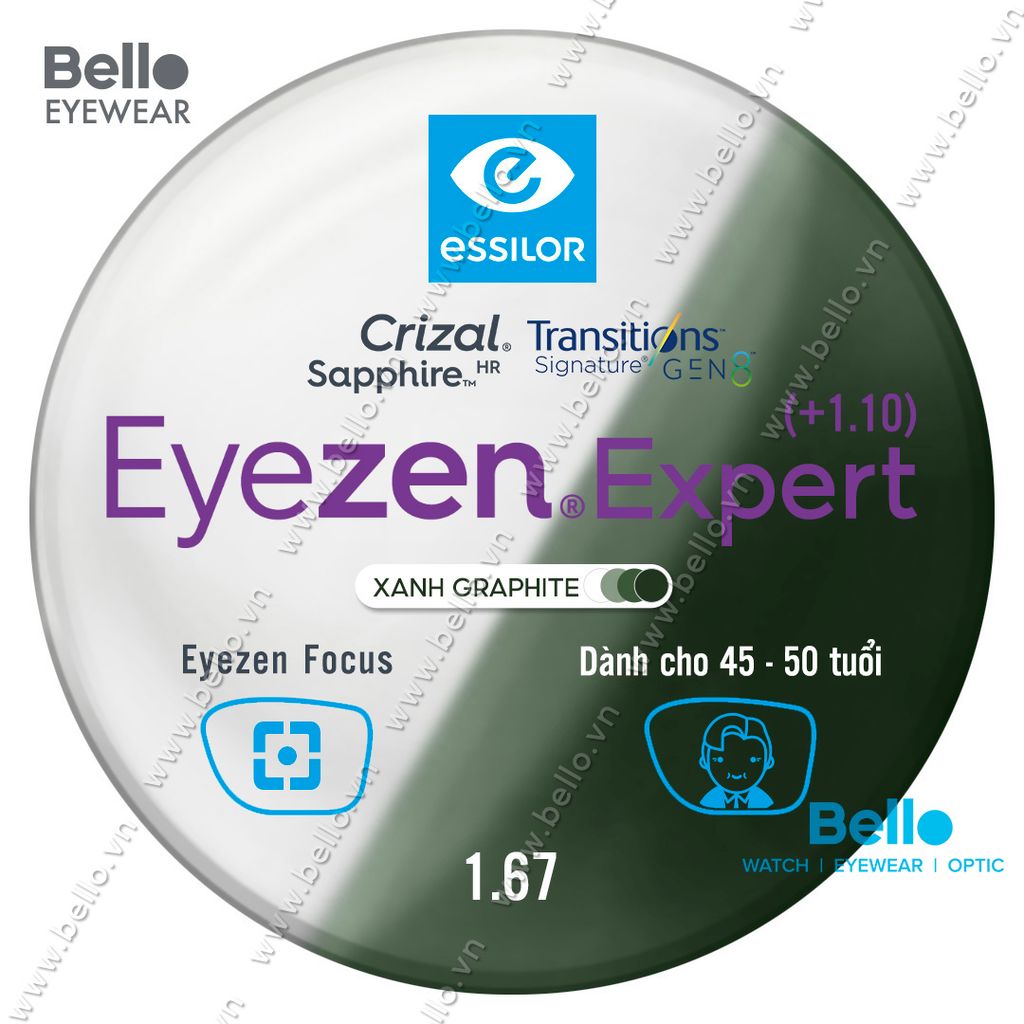  Tròng Kính Chống Mỏi Đổi Màu Essilor Eyezen Expert Gen 8 Xanh Lá cho người 45 đến 50 tuổi 