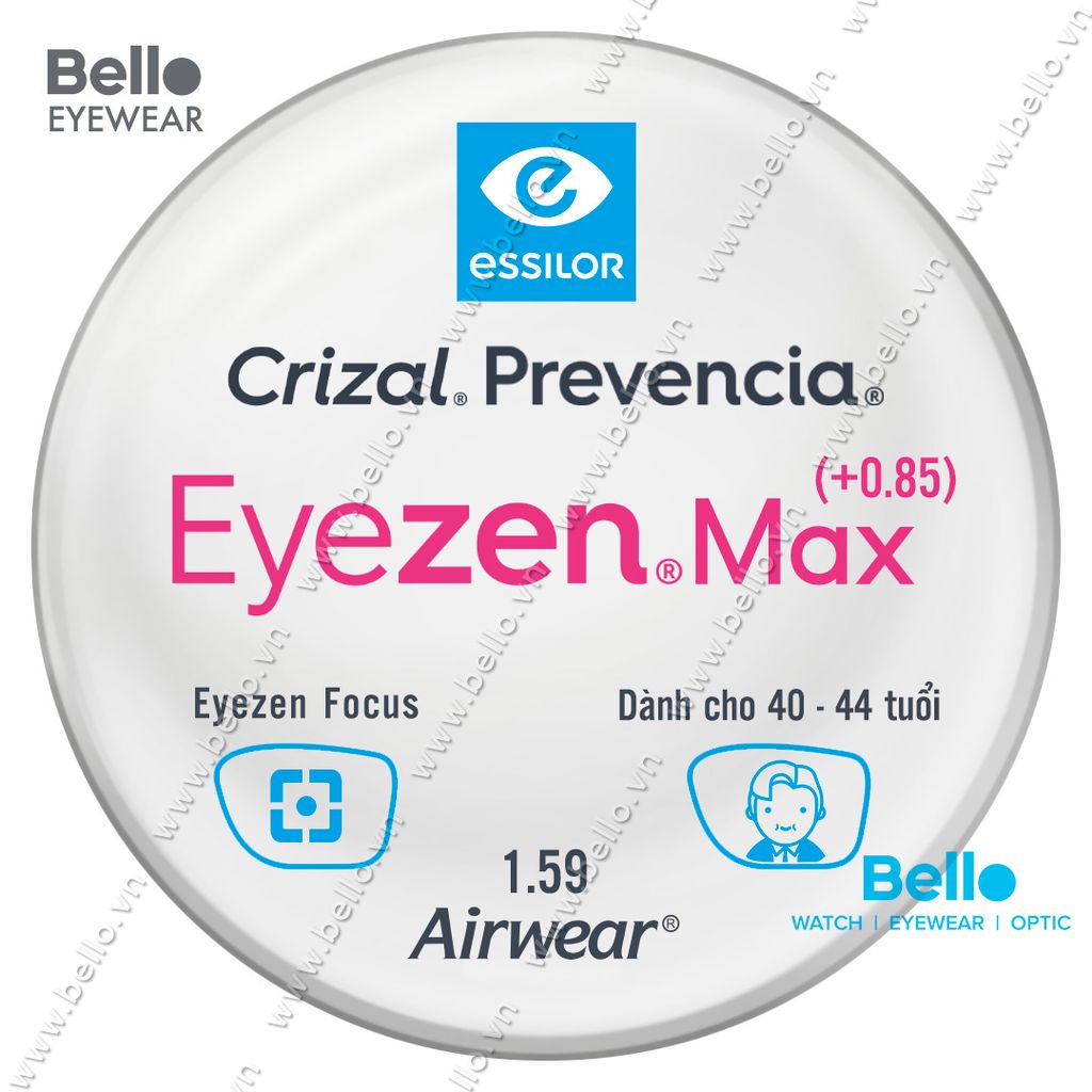  Tròng Kính Chống Mỏi Essilor Eyezen Max (+0.85) Crizal Prevencia cho người 40 đến 44 tuổi 