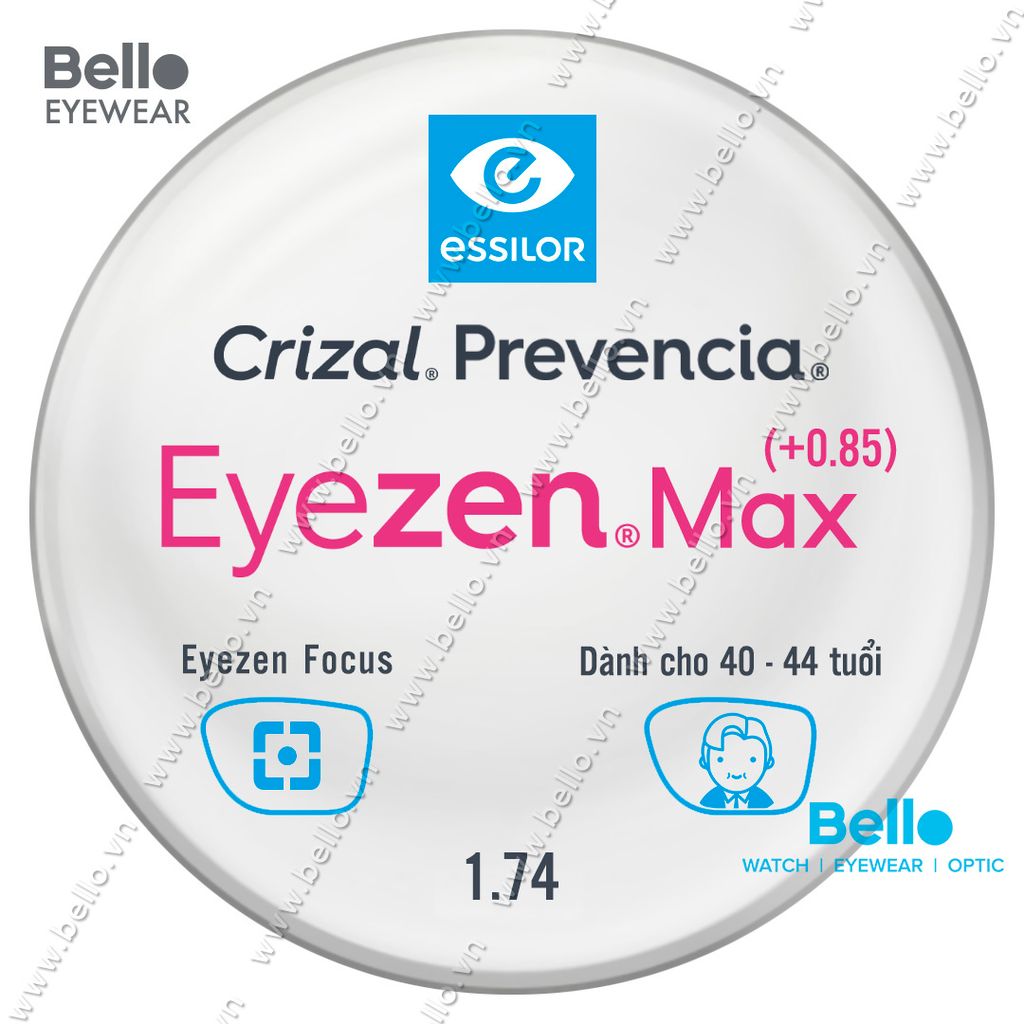  Tròng Kính Chống Mỏi Essilor Eyezen Max (+0.85) Crizal Prevencia cho người 40 đến 44 tuổi 