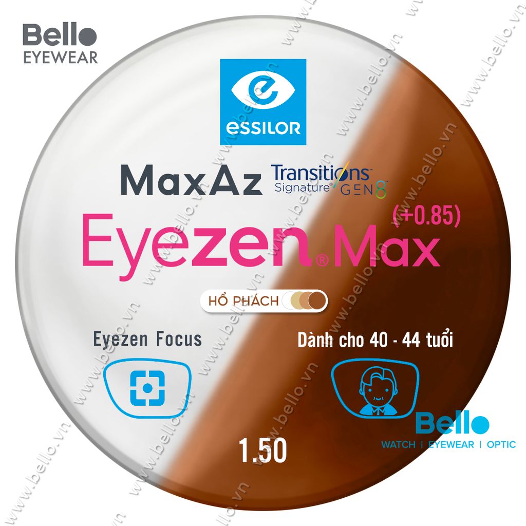  Tròng Kính Chống Mỏi Đổi Màu Essilor Eyezen Max Gen 8 Hổ Phách cho người 40 đến 44 tuổi 