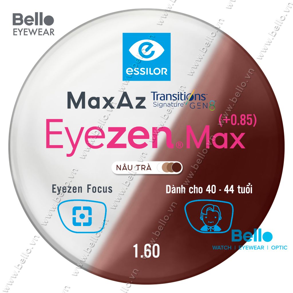  Tròng Kính Chống Mỏi Đổi Màu Essilor Eyezen Max Gen 8 Nâu Trà cho người 40 đến 44 tuổi 