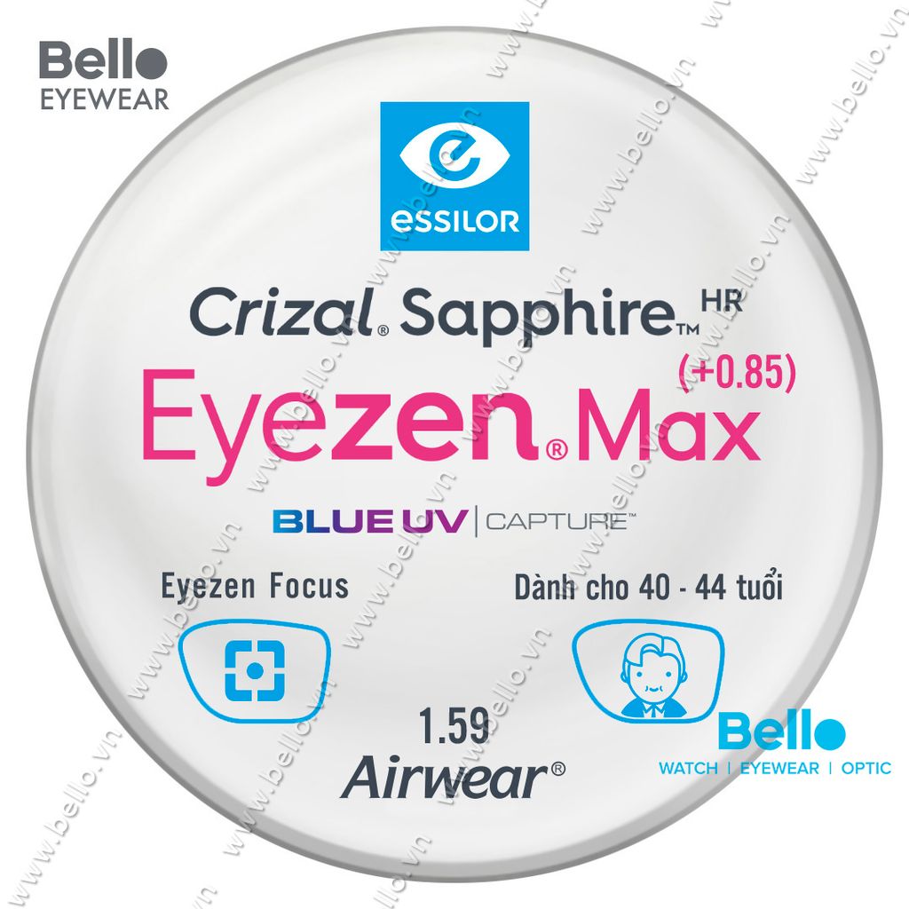  Tròng Kính Chống Mỏi Essilor Eyezen Max (+0.85) BlueUV Capture cho người 40 đến 44 tuổi 