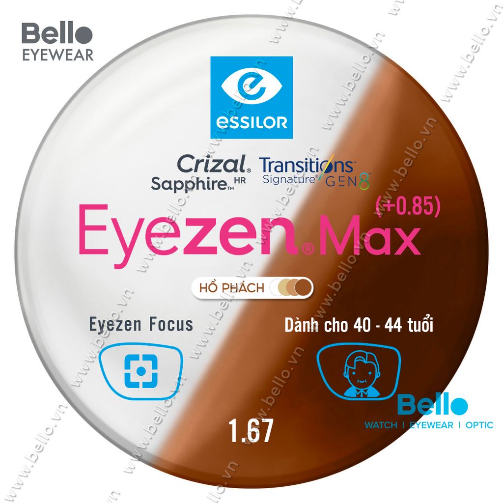  Tròng Kính Chống Mỏi Đổi Màu Essilor Eyezen Max Gen 8 Hổ Phách cho người 40 đến 44 tuổi 