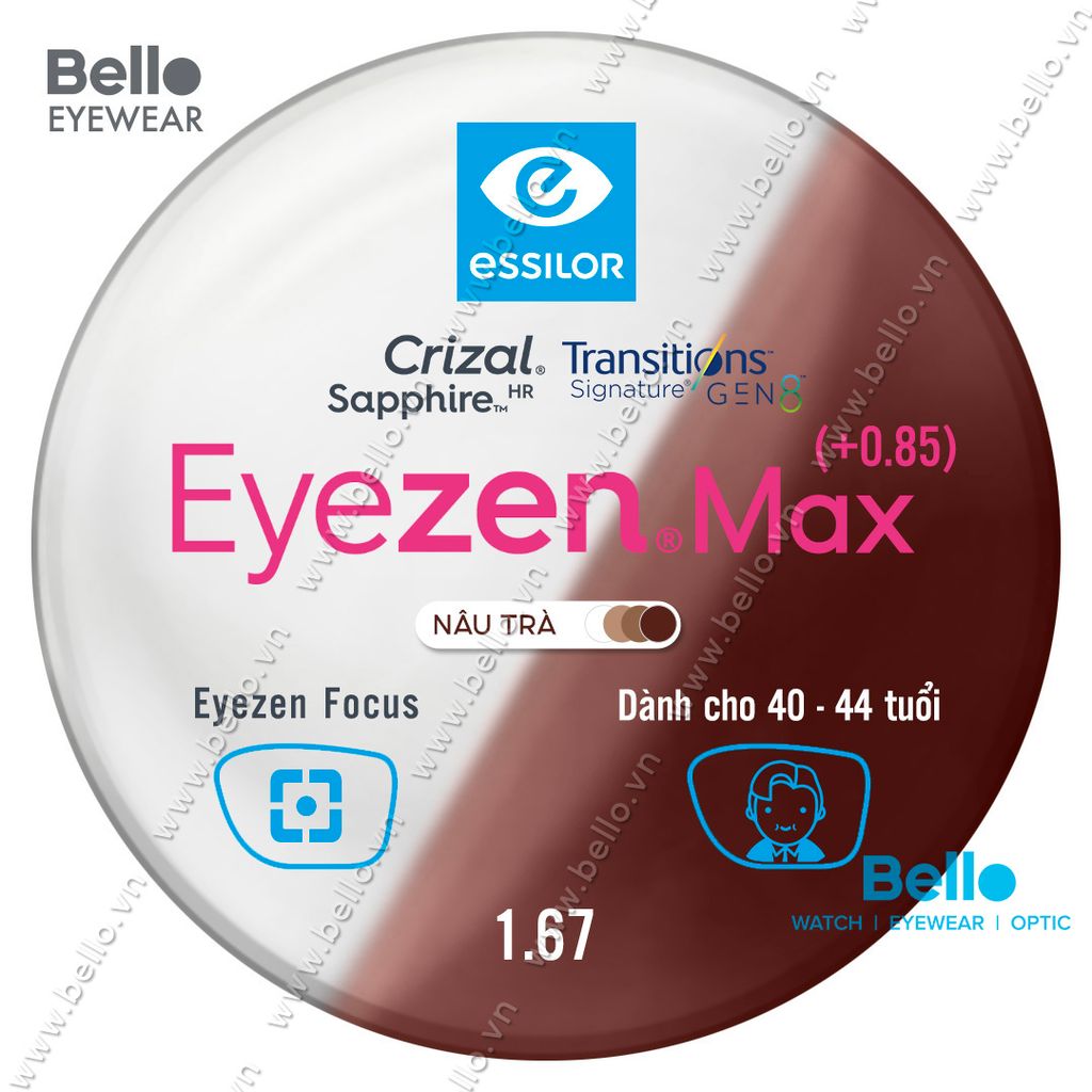  Tròng Kính Chống Mỏi Đổi Màu Essilor Eyezen Max Gen 8 Nâu Trà cho người 40 đến 44 tuổi 