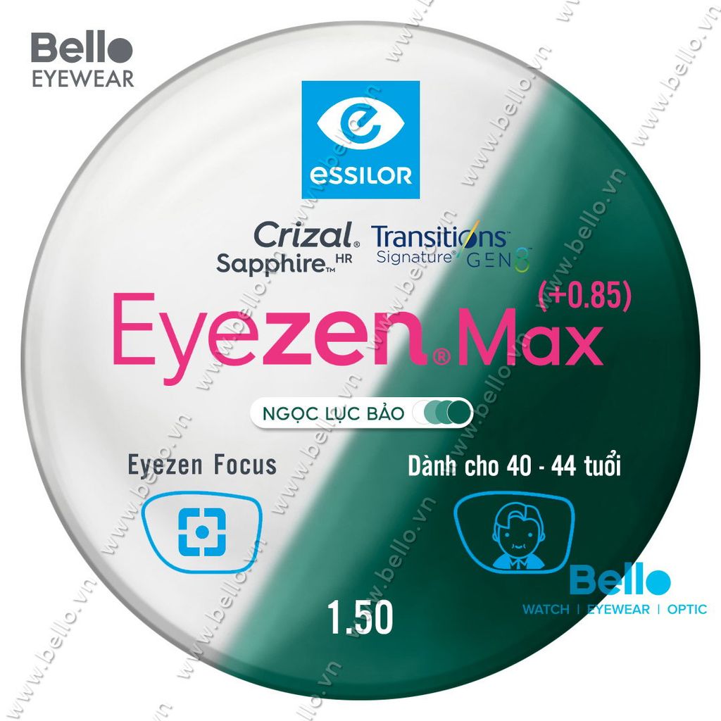  Tròng Kính Chống Mỏi Đổi Màu Essilor Eyezen Max Gen 8 Ngọc Lục Bảo cho người 40 đến 44 tuổi 