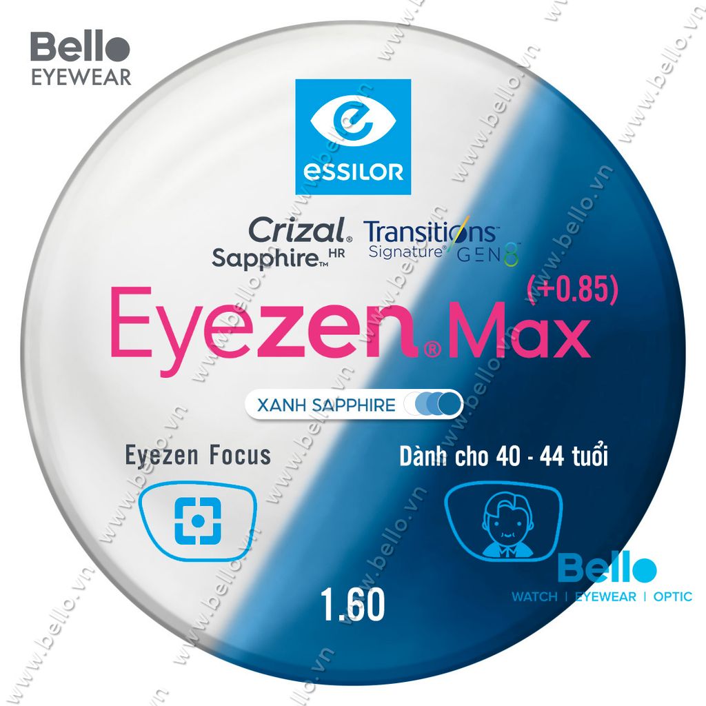  Tròng Kính Chống Mỏi Đổi Màu Essilor Eyezen Max Gen 8 Xanh Biển cho người 40 đến 44 tuổi 