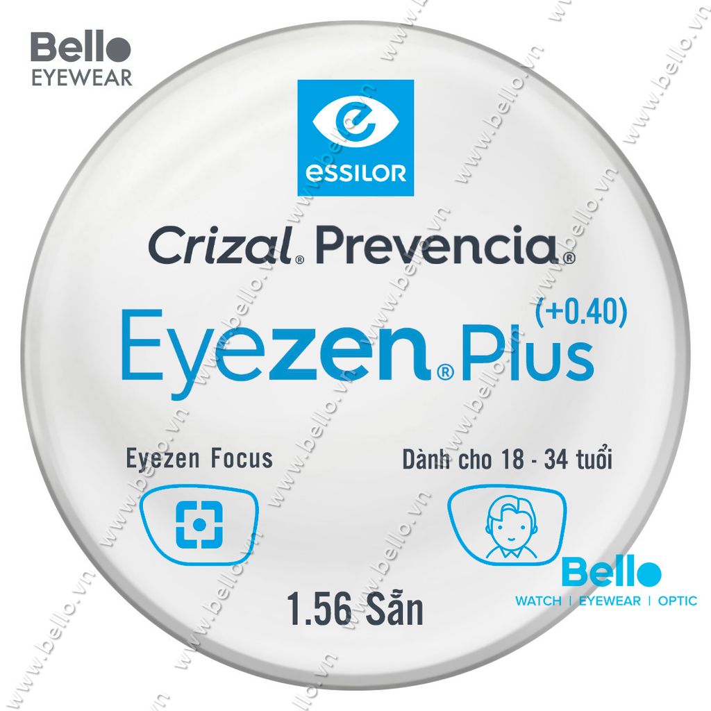  Tròng Kính Chống Mỏi Essilor Eyezen Plus (+0.4) Crizal Prevencia cho người 18 đến 34 tuổi 