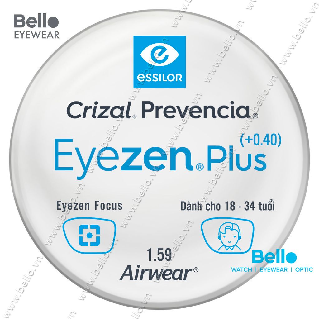  Tròng Kính Chống Mỏi Essilor Eyezen Plus (+0.4) Crizal Prevencia cho người 18 đến 34 tuổi 