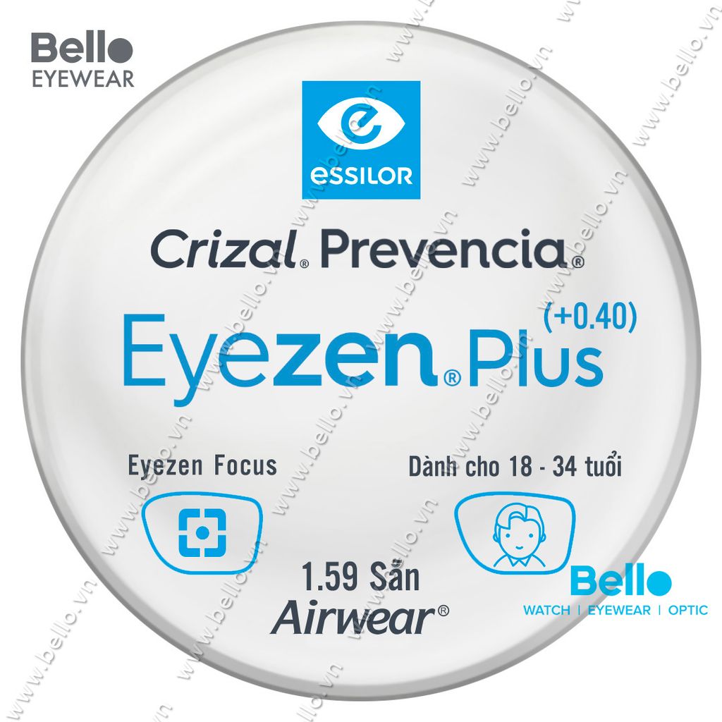  Tròng Kính Chống Mỏi Essilor Eyezen Plus (+0.4) Crizal Prevencia cho người 18 đến 34 tuổi 