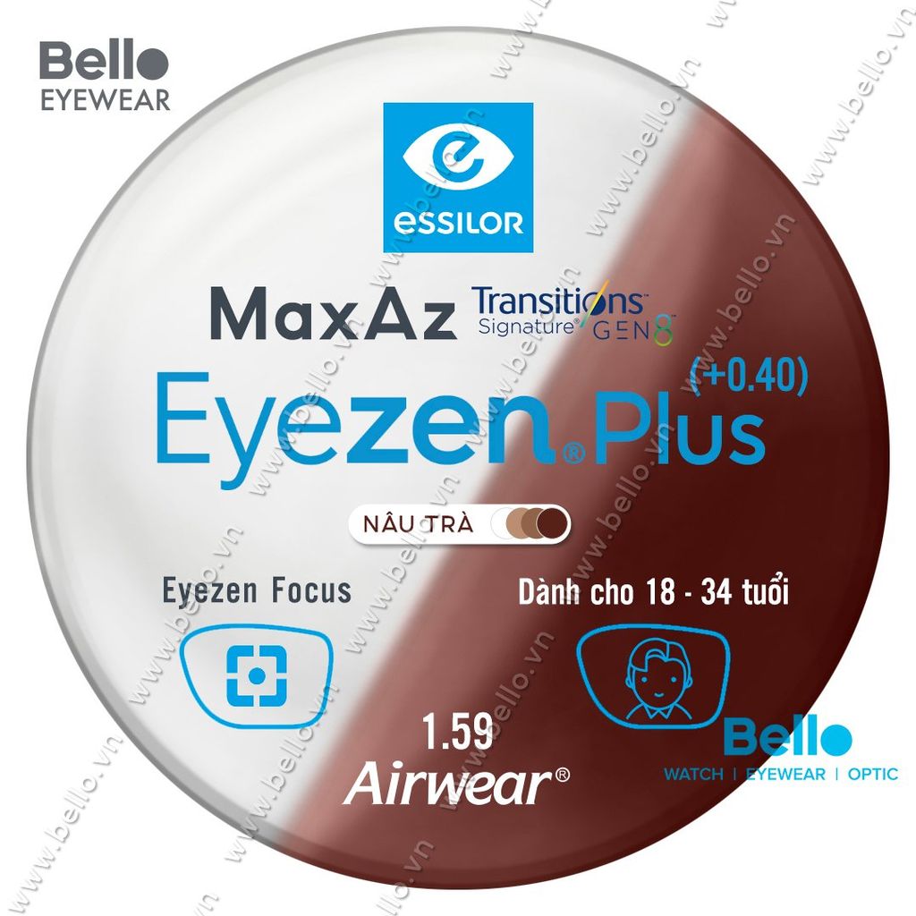  Tròng Kính Chống Mỏi Đổi Màu Essilor Eyezen Plus Gen 8 Nâu Trà cho người 18 đến 34 tuổi 