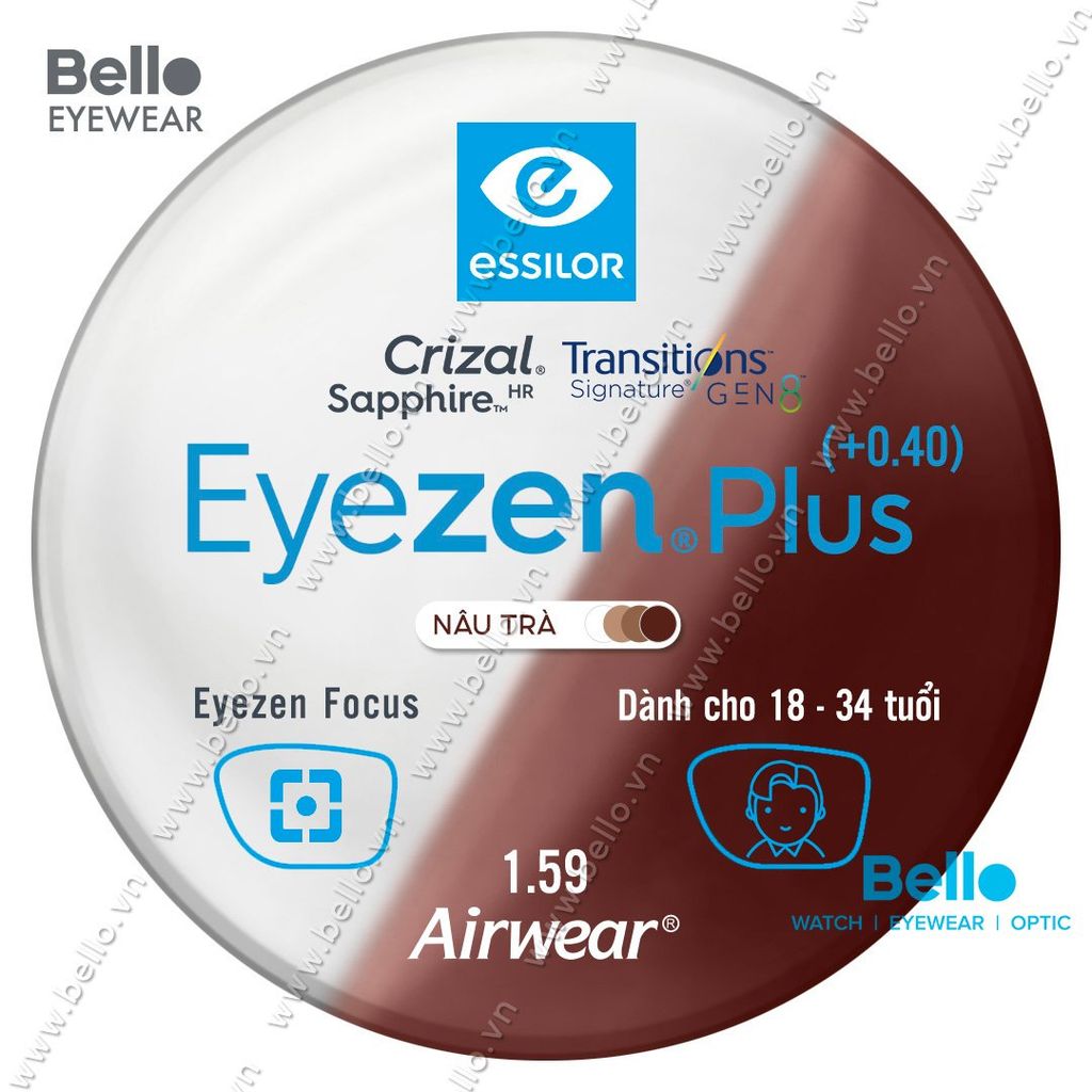  Tròng Kính Chống Mỏi Đổi Màu Essilor Eyezen Plus Gen 8 Nâu Trà cho người 18 đến 34 tuổi 