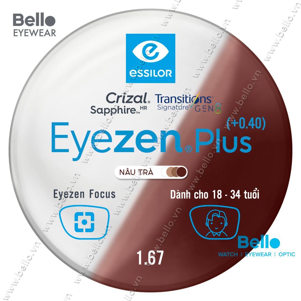  Tròng Kính Chống Mỏi Đổi Màu Essilor Eyezen Plus Gen 8 Nâu Trà cho người 18 đến 34 tuổi 