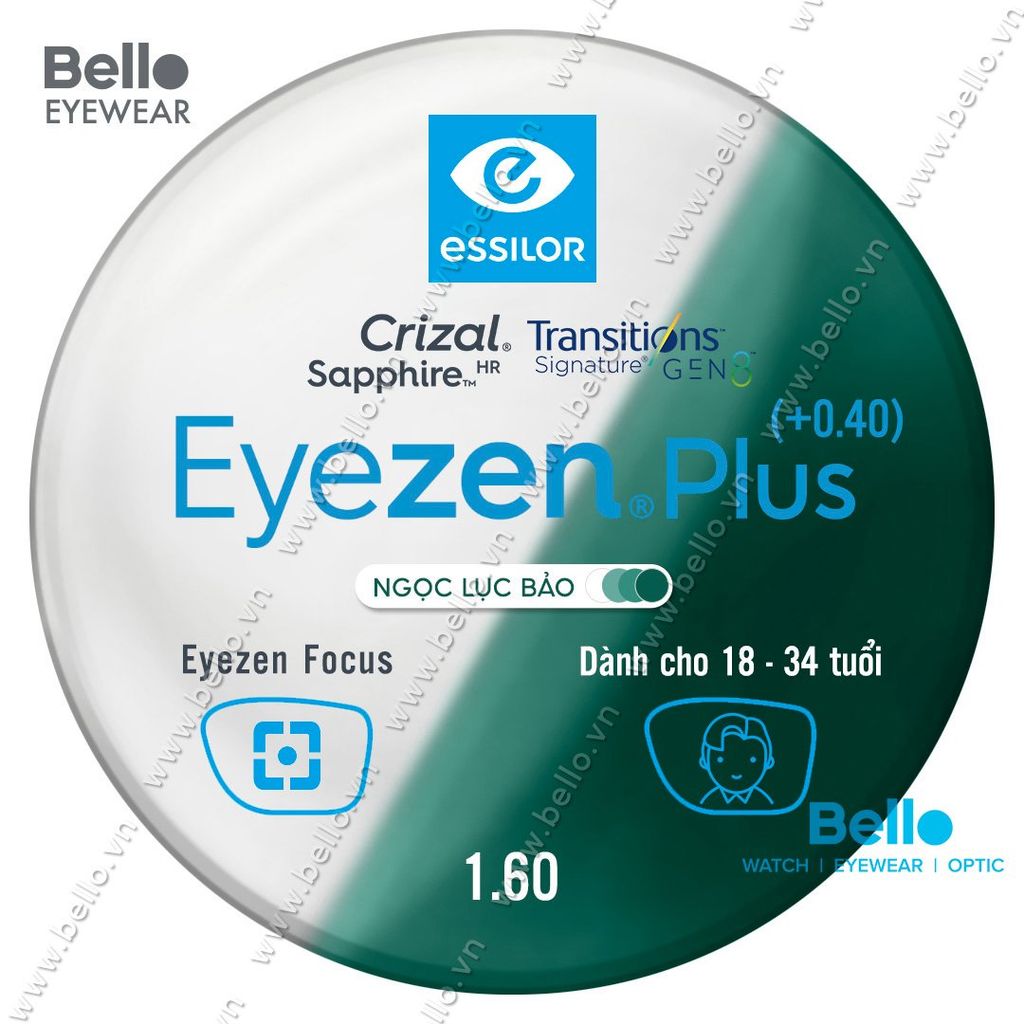  Tròng Kính Chống Mỏi Đổi Màu Essilor Eyezen Plus Gen 8 Ngọc Lục Bảo cho người 18 đến 34 tuổi 