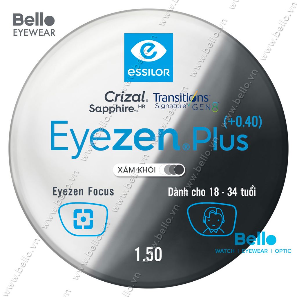  Tròng Kính Chống Mỏi Đổi Màu Essilor Eyezen Plus Gen 8 Xám Khói cho người 18 đến 34 tuổi 