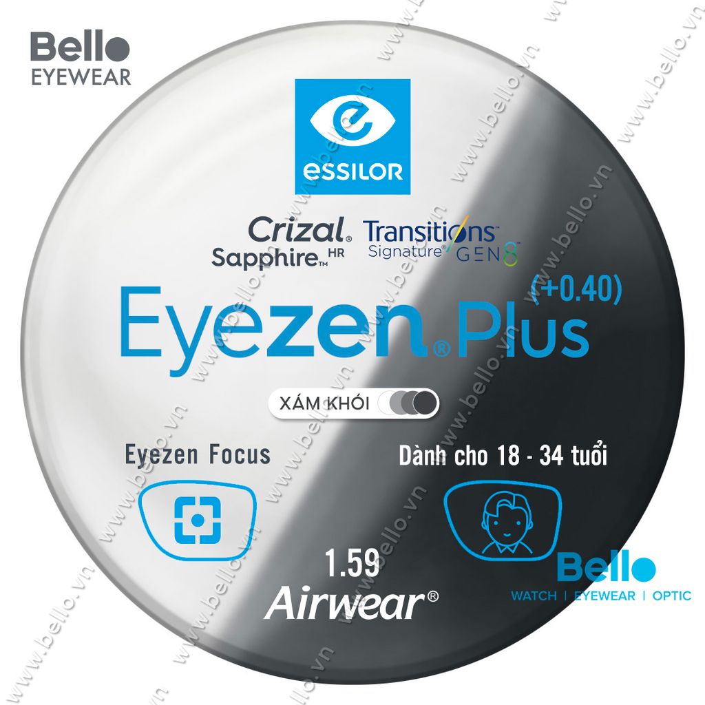  Tròng Kính Chống Mỏi Đổi Màu Essilor Eyezen Plus Gen 8 Xám Khói cho người 18 đến 34 tuổi 