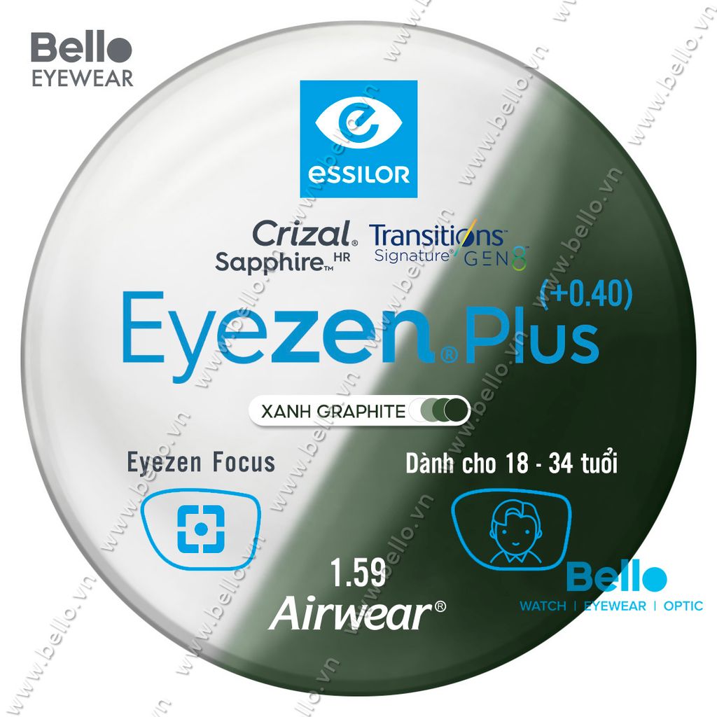  Tròng Kính Chống Mỏi Đổi Màu Essilor Eyezen Plus Gen 8 Xanh Lá cho người 18 đến 34 tuổi 