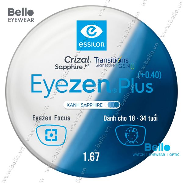  Tròng Kính Chống Mỏi Đổi Màu Essilor Eyezen Plus Gen 8 Xanh Biển cho người 18 đến 34 tuổi 